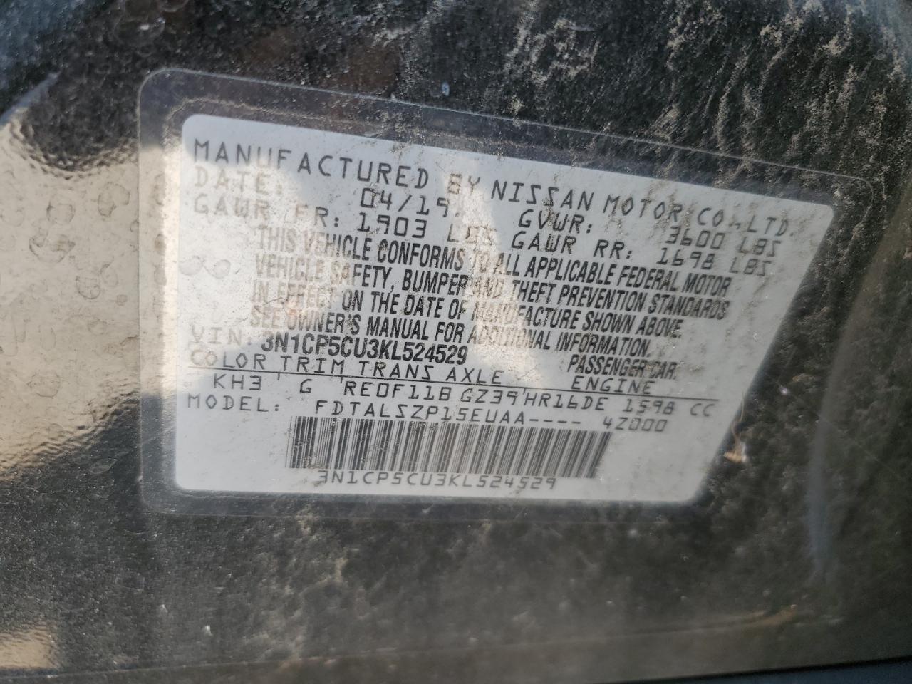 2019 Nissan Kicks S VIN: 3N1CP5CU3KL524529 Lot: 67525344