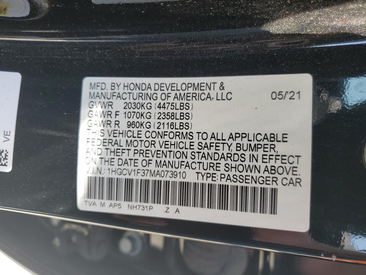 2021 Honda Accord Sport VIN: 1HGCV1F37MA073910 Lot: 66800454