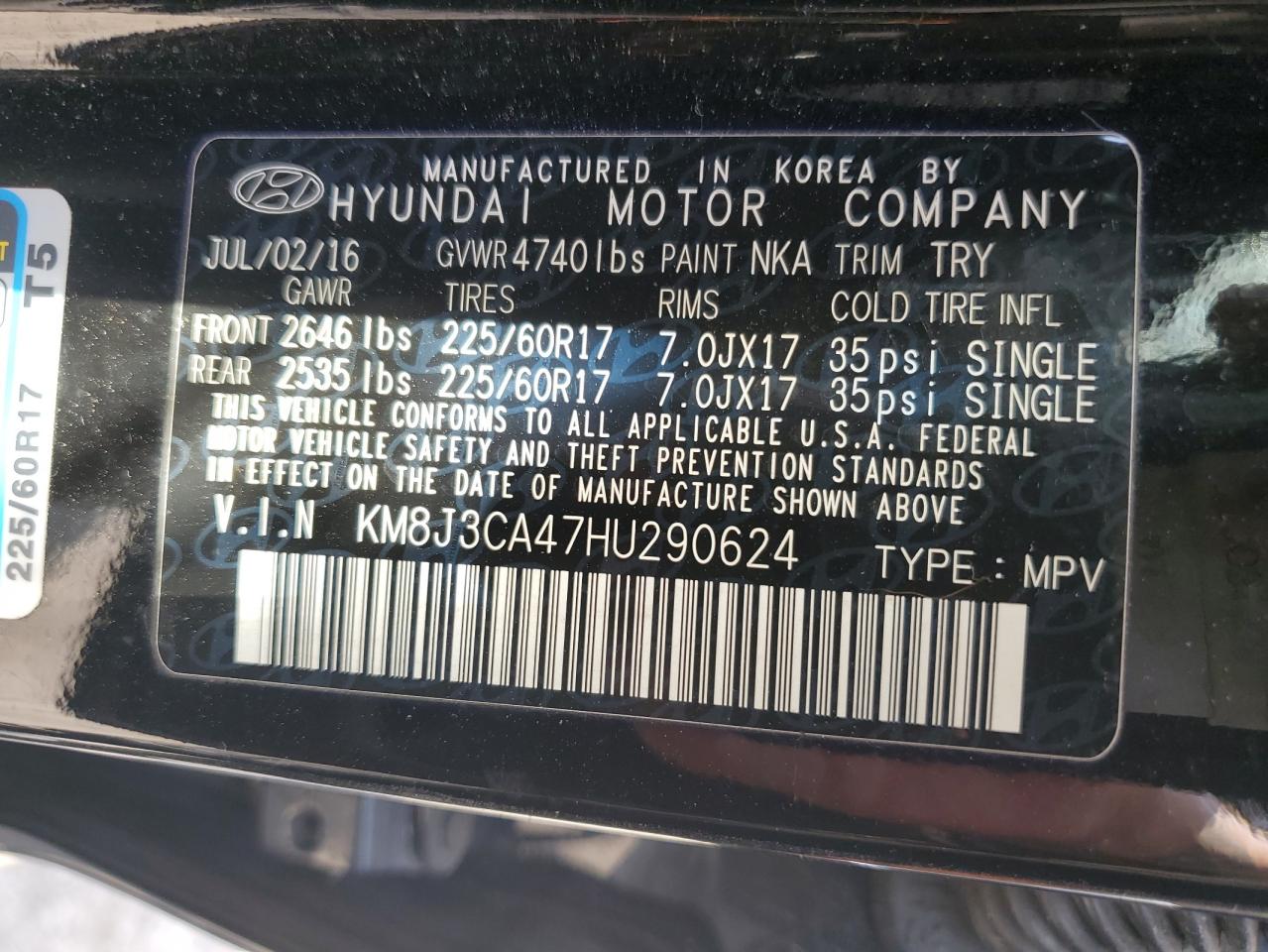 KM8J3CA47HU290624 2017 Hyundai Tucson Limited