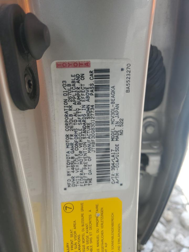 2003 Lexus Es 300 VIN: JTHBF30G830127734 Lot: 66007054