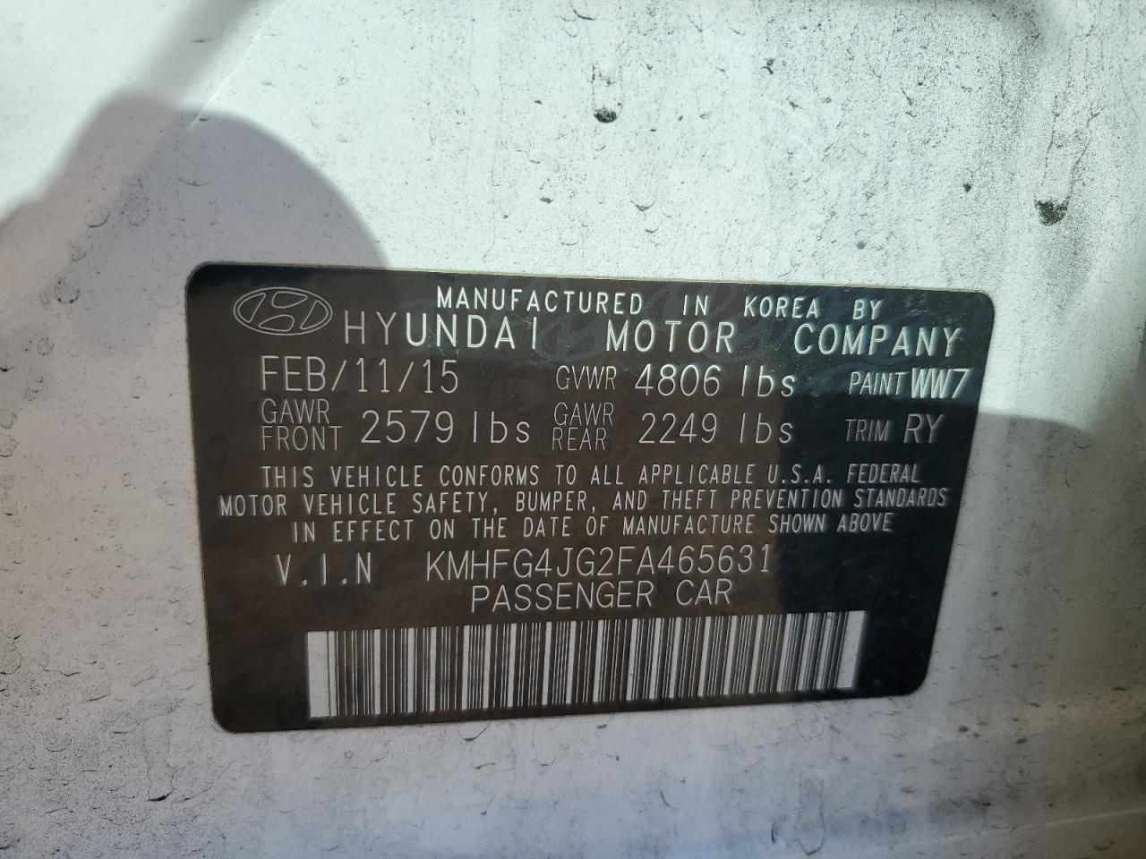 KMHFG4JG2FA465631 2015 Hyundai Azera