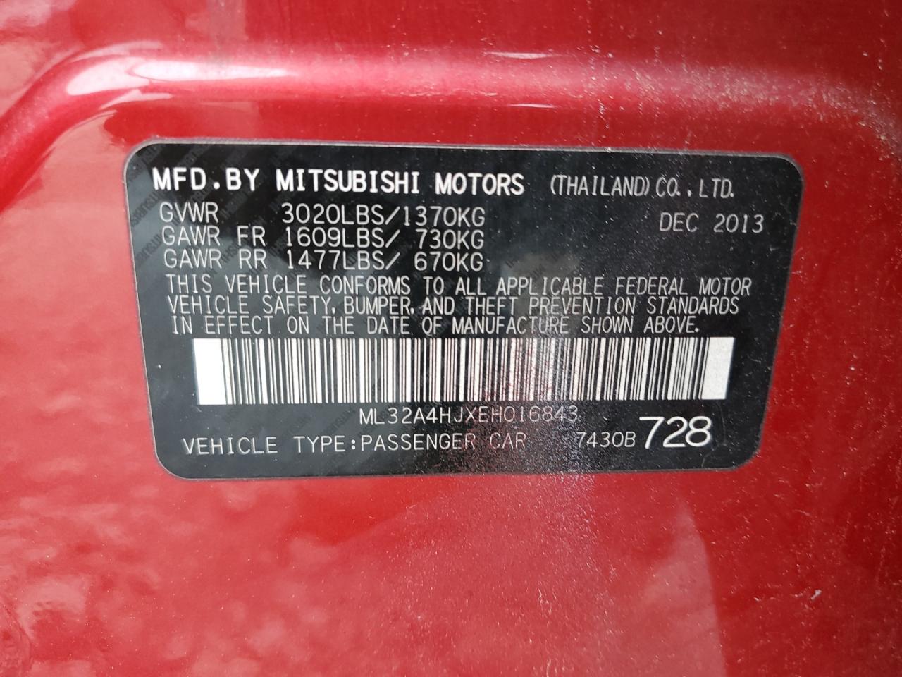 2014 Mitsubishi Mirage Es VIN: ML32A4HJXEH016843 Lot: 66239704