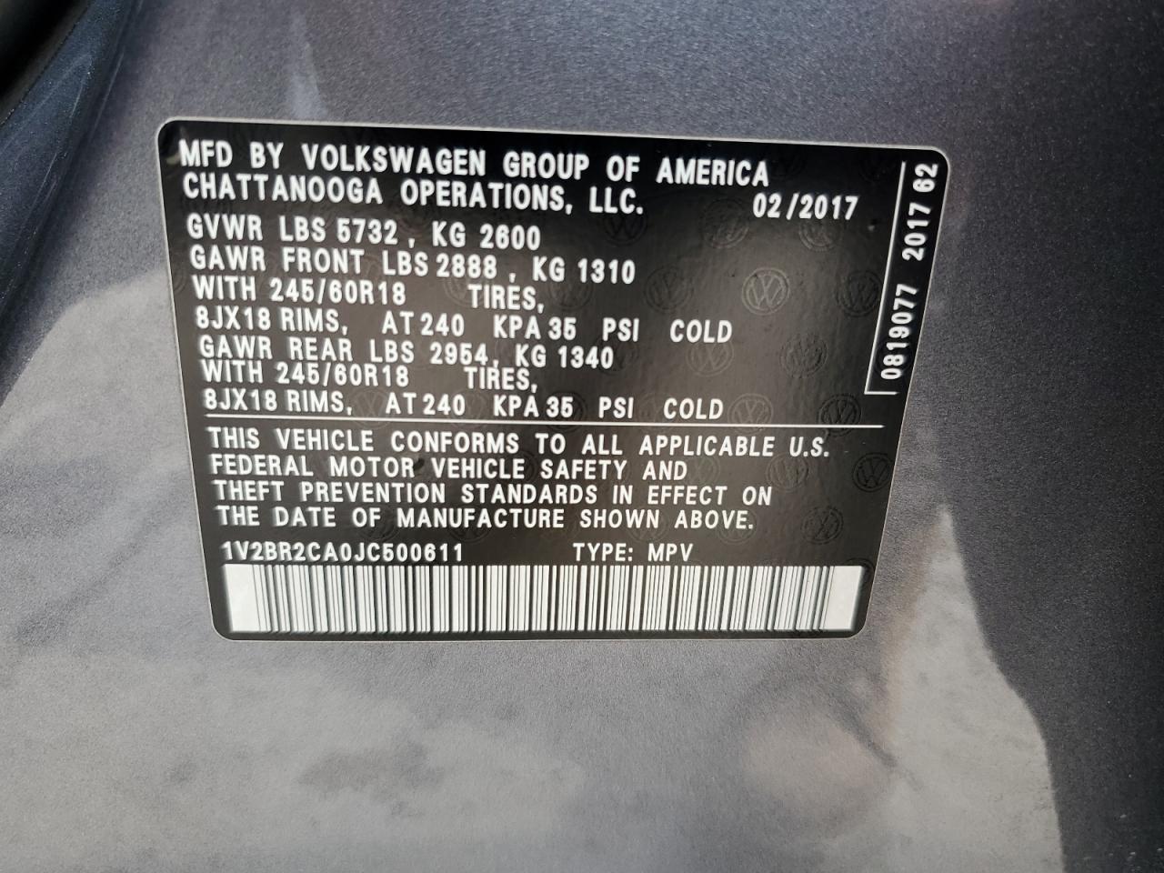 2018 Volkswagen Atlas VIN: 1V2BR2CA0JC500611 Lot: 65666454