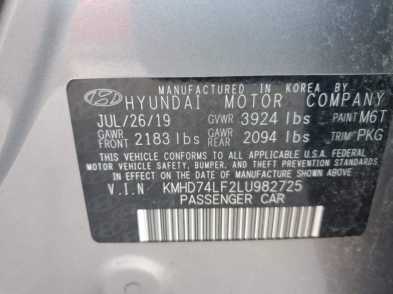 2020 Hyundai Elantra Se VIN: KMHD74LF2LU982725 Lot: 65971934