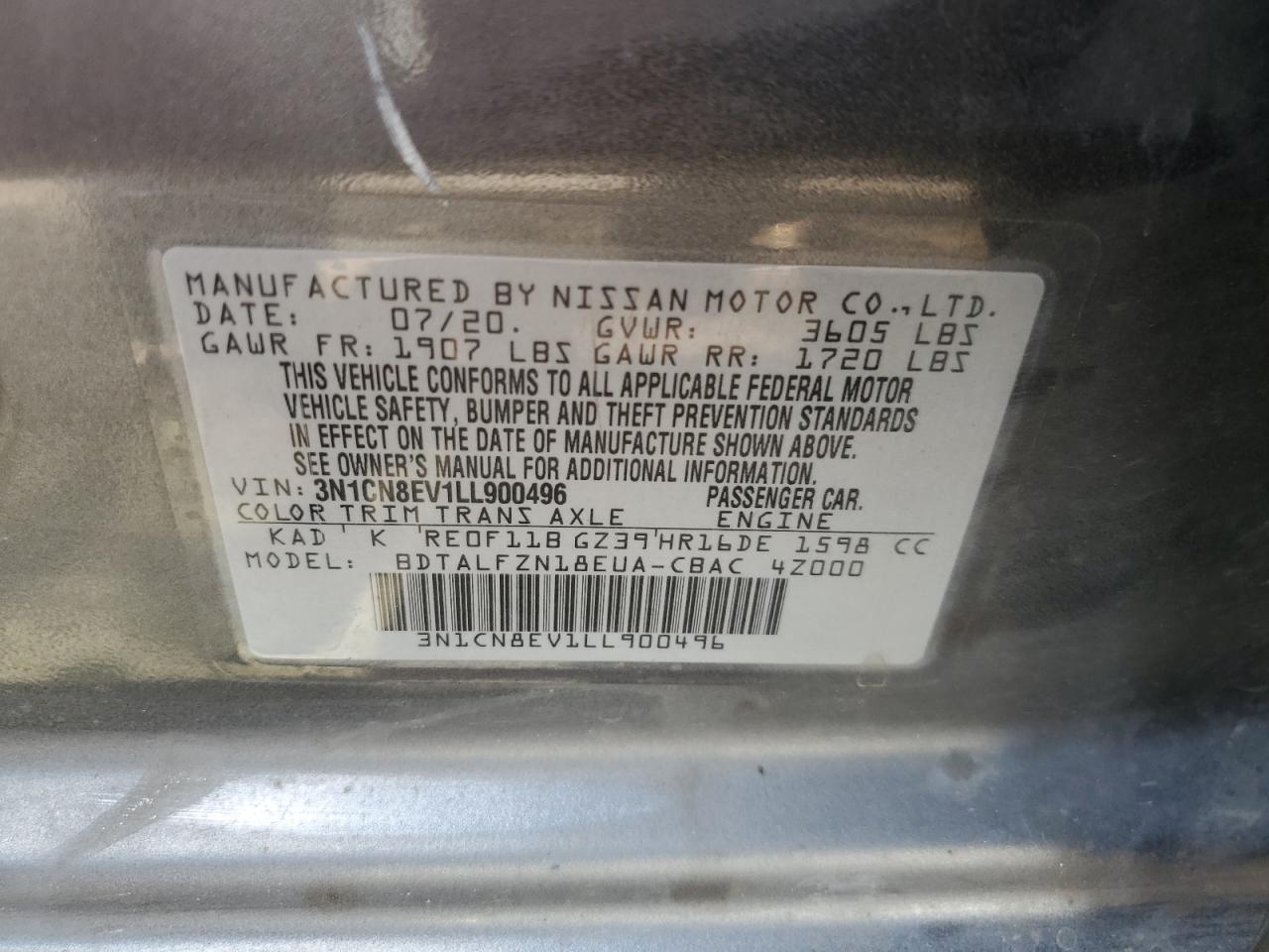 3N1CN8EV1LL900496 2020 Nissan Versa Sv