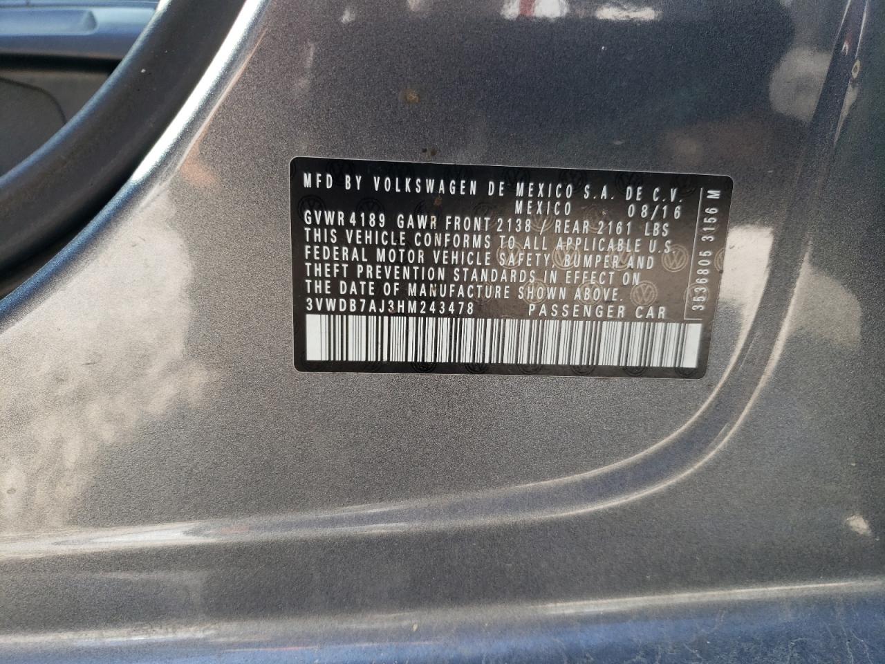 2017 Volkswagen Jetta Se VIN: 3VWDB7AJ3HM243478 Lot: 68459244