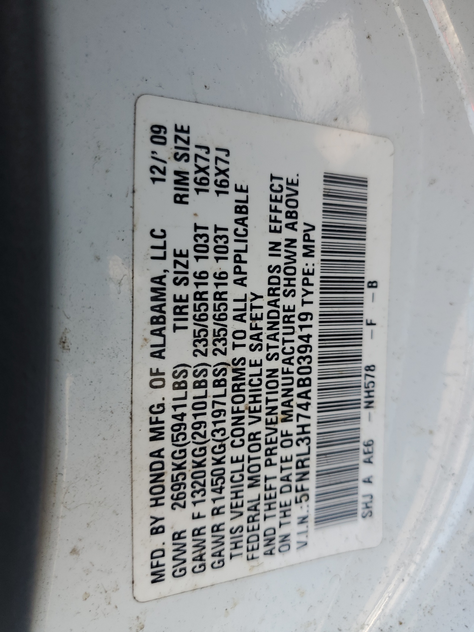 5FNRL3H74AB039419 2010 Honda Odyssey Exl