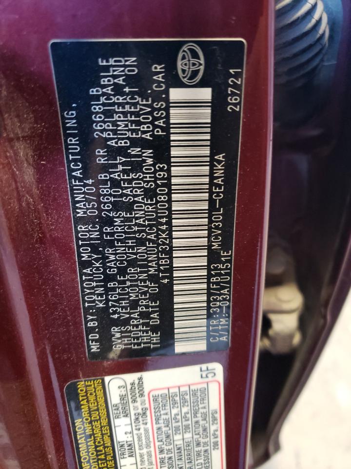 2004 Toyota Camry Le VIN: 4T1BF32K44U080193 Lot: 65621294