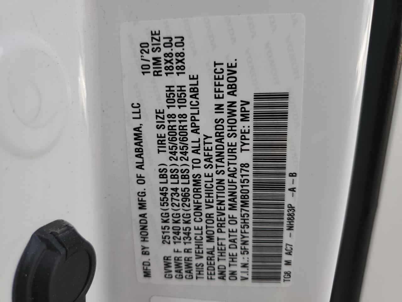 5FNYF5H57MB015178 2021 Honda Pilot Exl