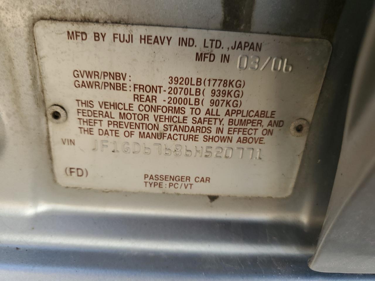 2006 Subaru Impreza 2.5I VIN: JF1GD67686H520771 Lot: 67979144