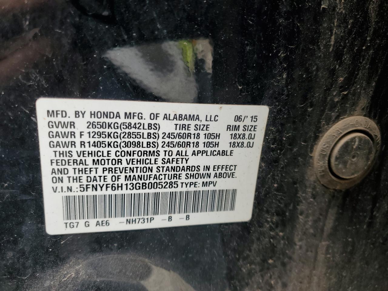 2016 Honda Pilot Lx VIN: 5FNYF6H13GB005285 Lot: 65842584