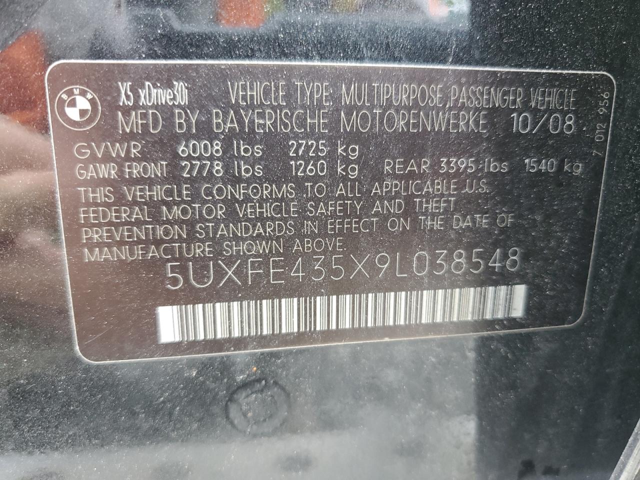 2009 BMW X5 xDrive30I VIN: 5UXFE435X9L038548 Lot: 67793934