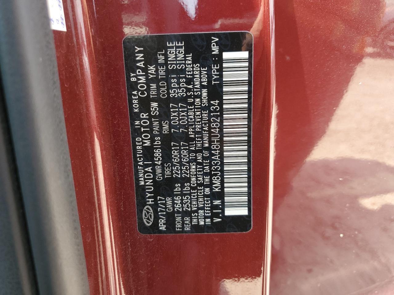 2017 Hyundai Tucson Limited VIN: KM8J33A48HU482134 Lot: 66347564