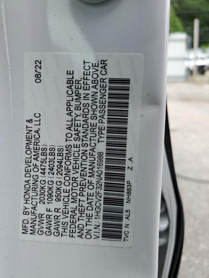 2022 Honda Accord Sport VIN: 1HGCV2F32NA016988 Lot: 66648974