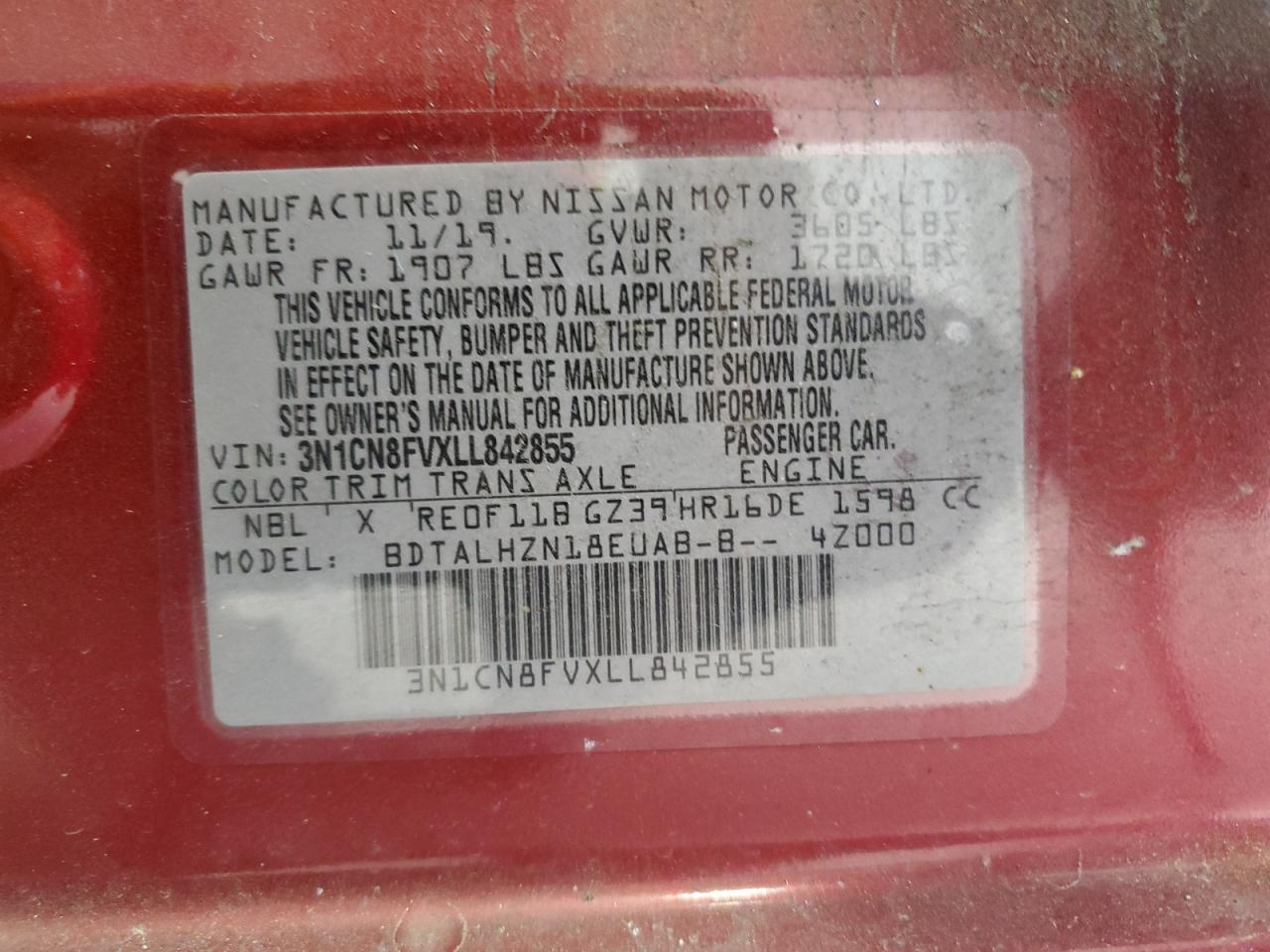 2020 Nissan Versa Sr VIN: 3N1CN8FVXLL842855 Lot: 68281394