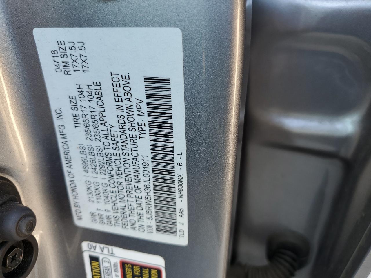 2018 Honda Cr-V Lx VIN: 5J6RW5H36JL001911 Lot: 66847284