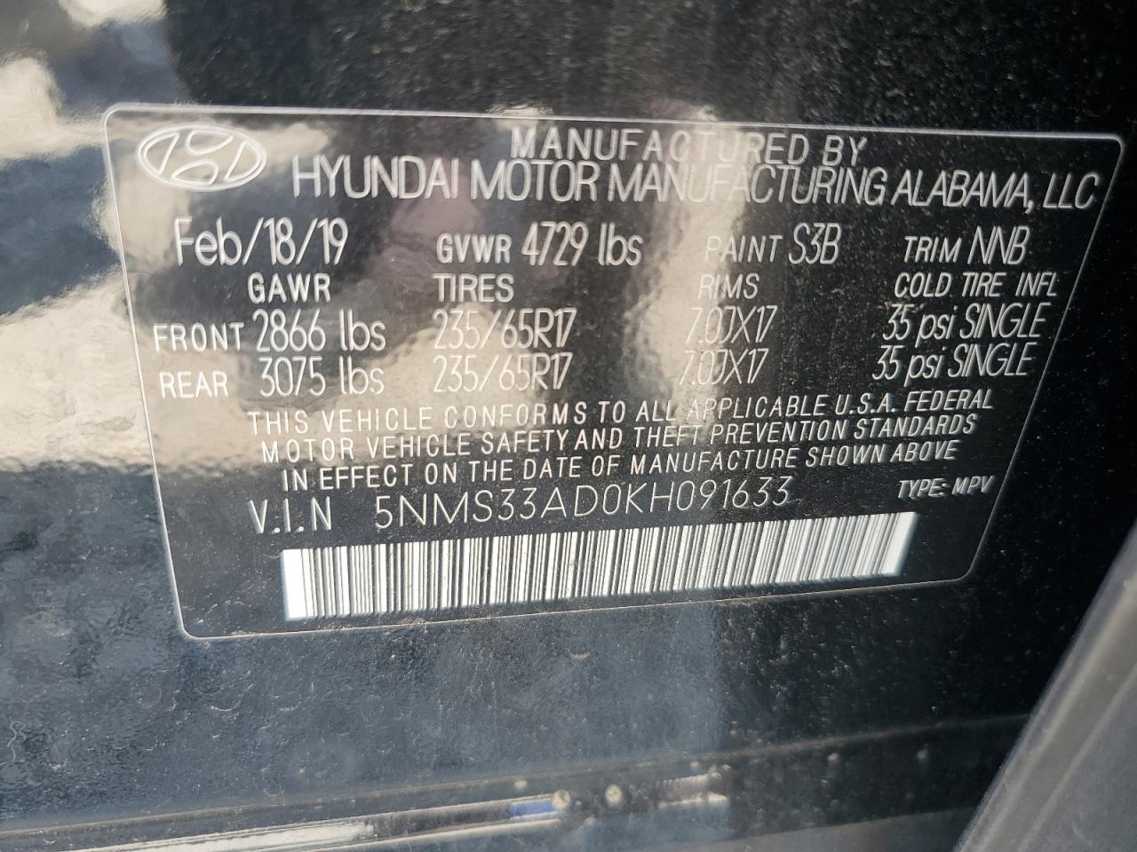 5NMS33AD0KH091633 2019 Hyundai Santa Fe Sel