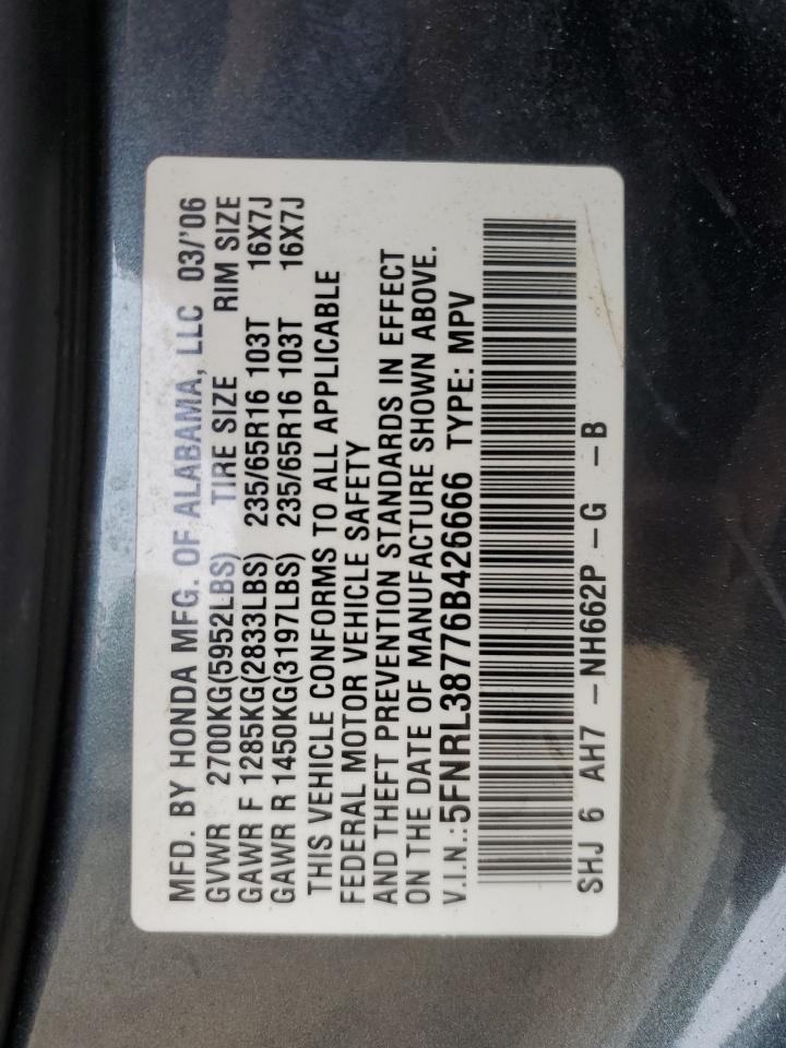 2006 Honda Odyssey Exl VIN: 5FNRL38776B426666 Lot: 66701544