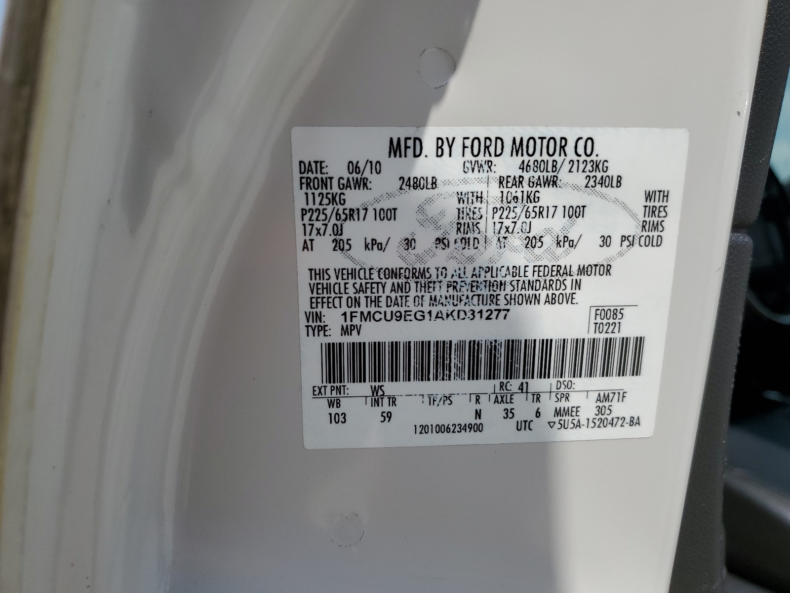1FMCU9EG1AKD31277 2010 Ford Escape Limited