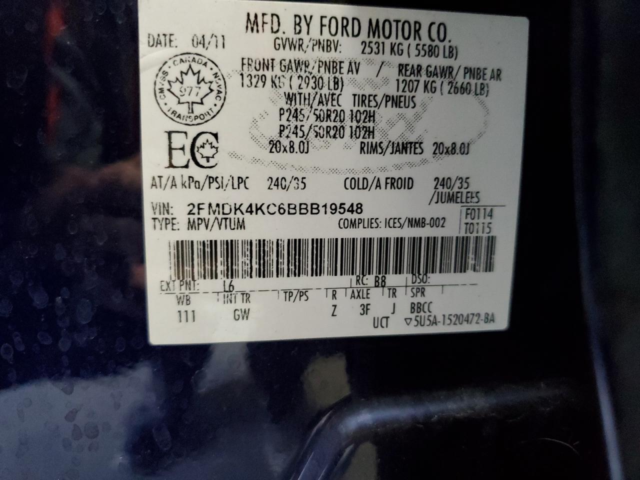 2011 Ford Edge Limited VIN: 2FMDK4KC6BBB19548 Lot: 69187115