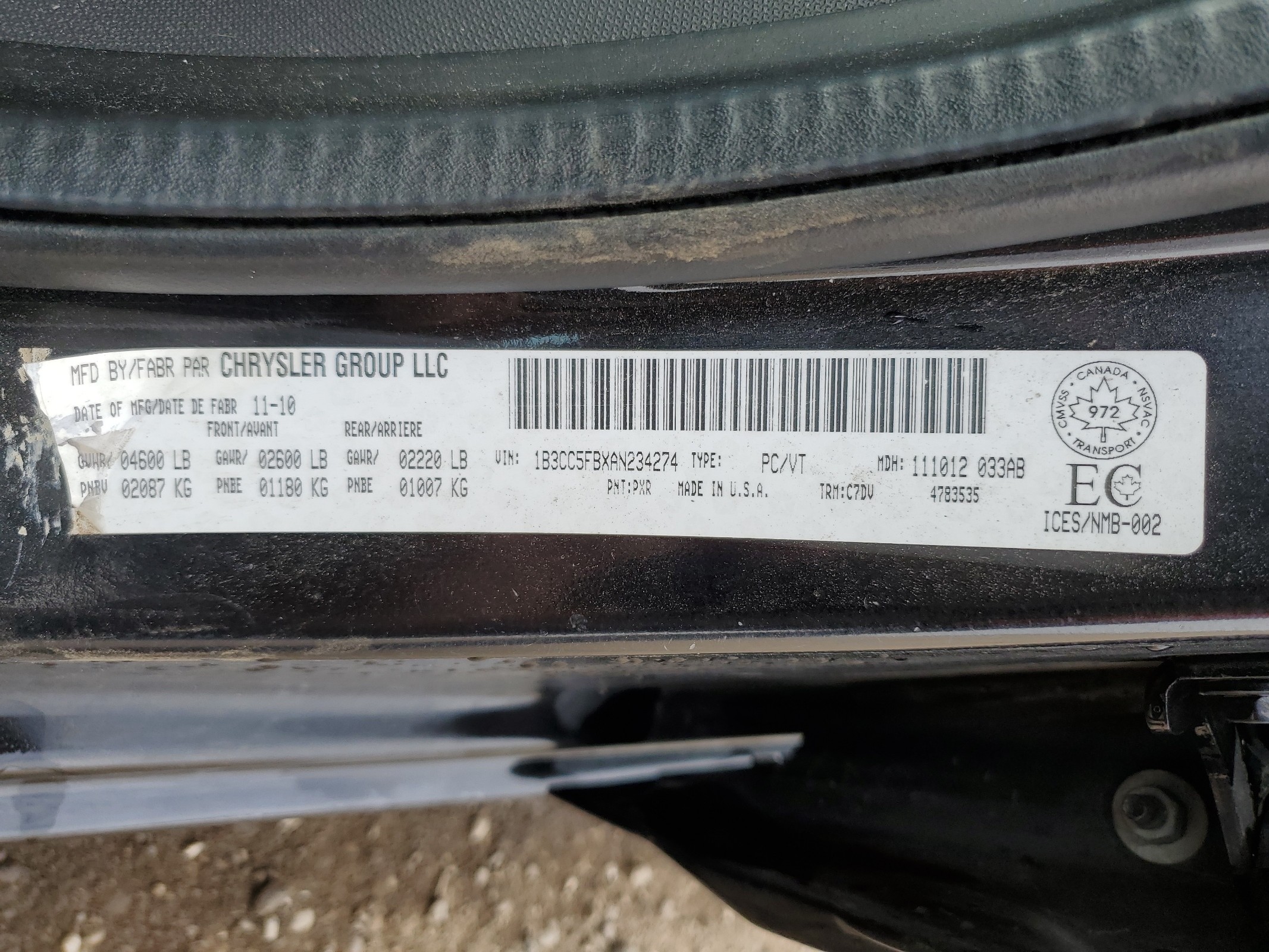 1B3CC5FBXAN234274 2010 Dodge Avenger R/T