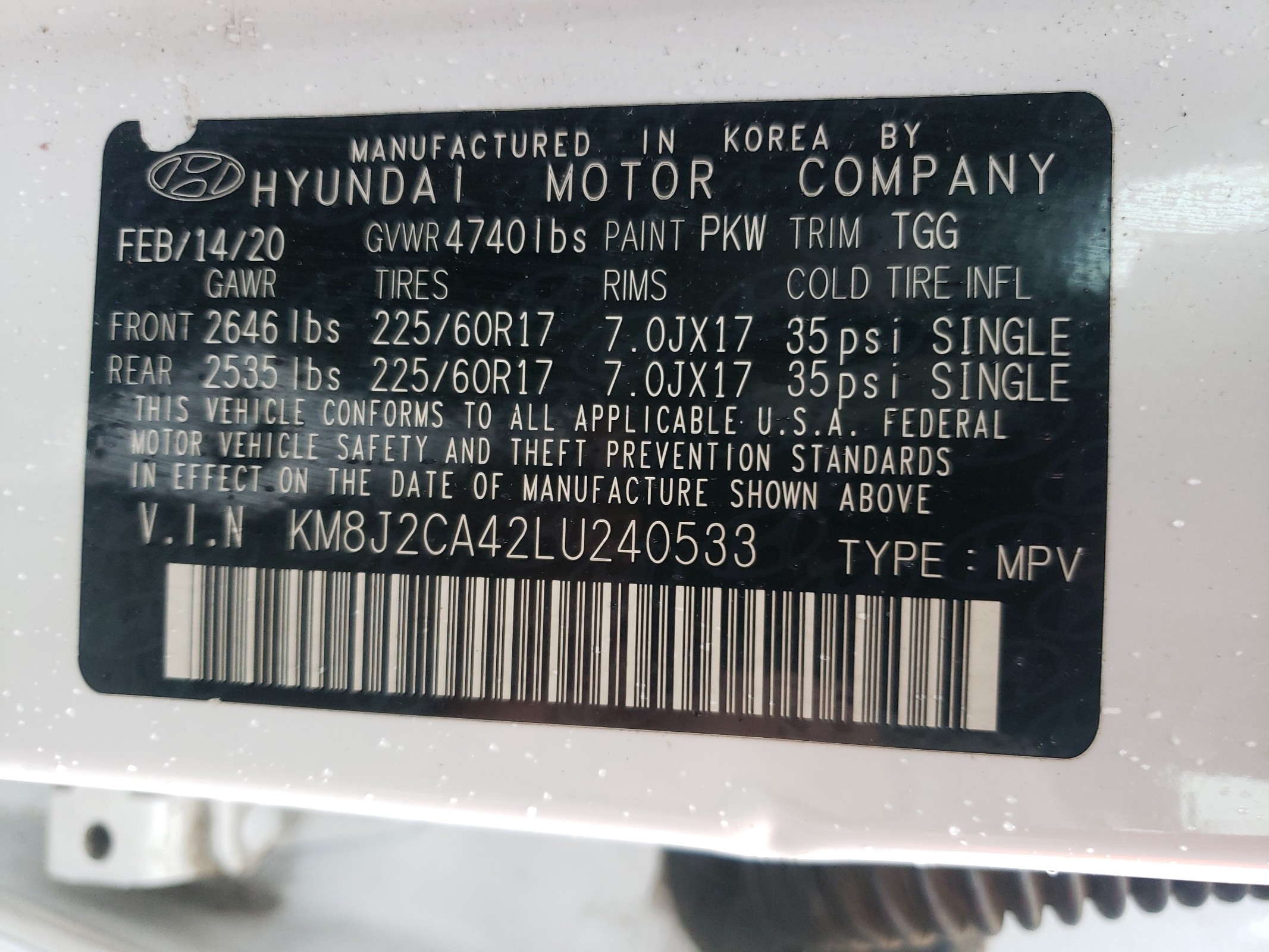 KM8J2CA42LU240533 2020 Hyundai Tucson Se