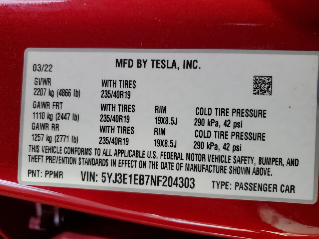 2022 Tesla Model 3 VIN: 5YJ3E1EB7NF204303 Lot: 63087624