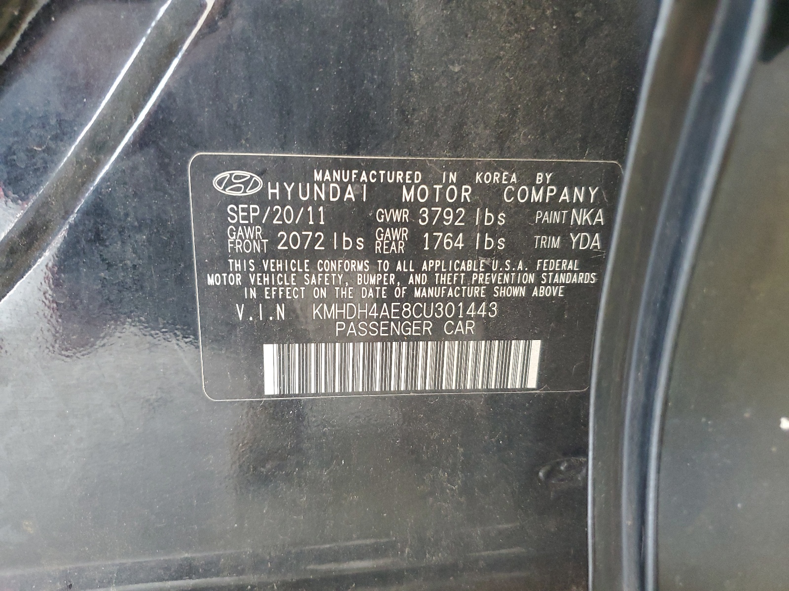 KMHDH4AE8CU301443 2012 Hyundai Elantra Gls