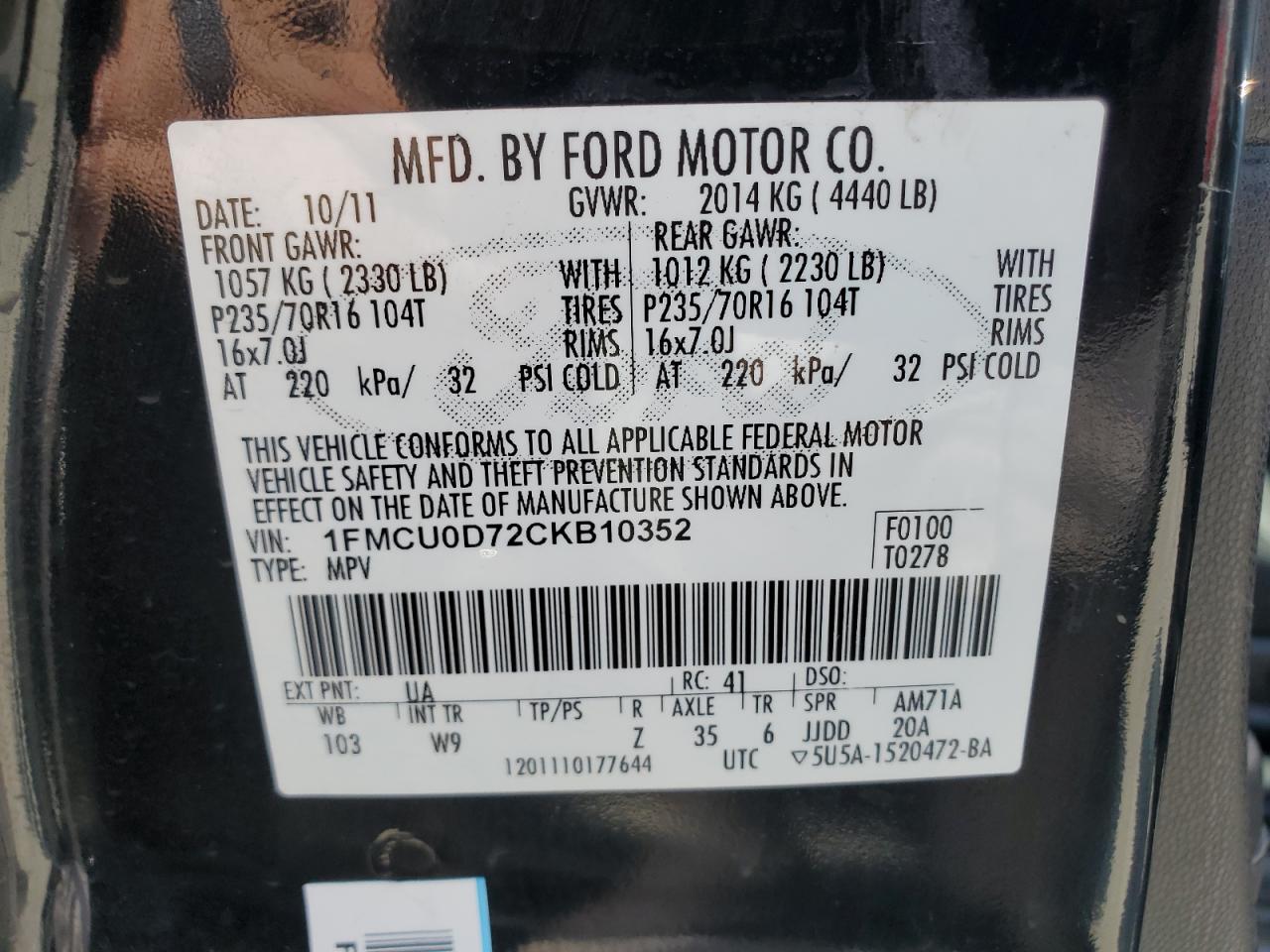 2012 Ford Escape Xlt VIN: 1FMCU0D72CKB10352 Lot: 67799254