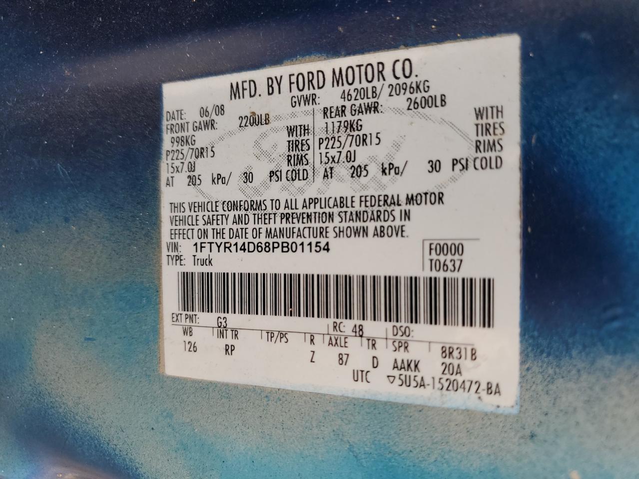 2008 Ford Ranger Super Cab VIN: 1FTYR14D68PB01154 Lot: 67425404