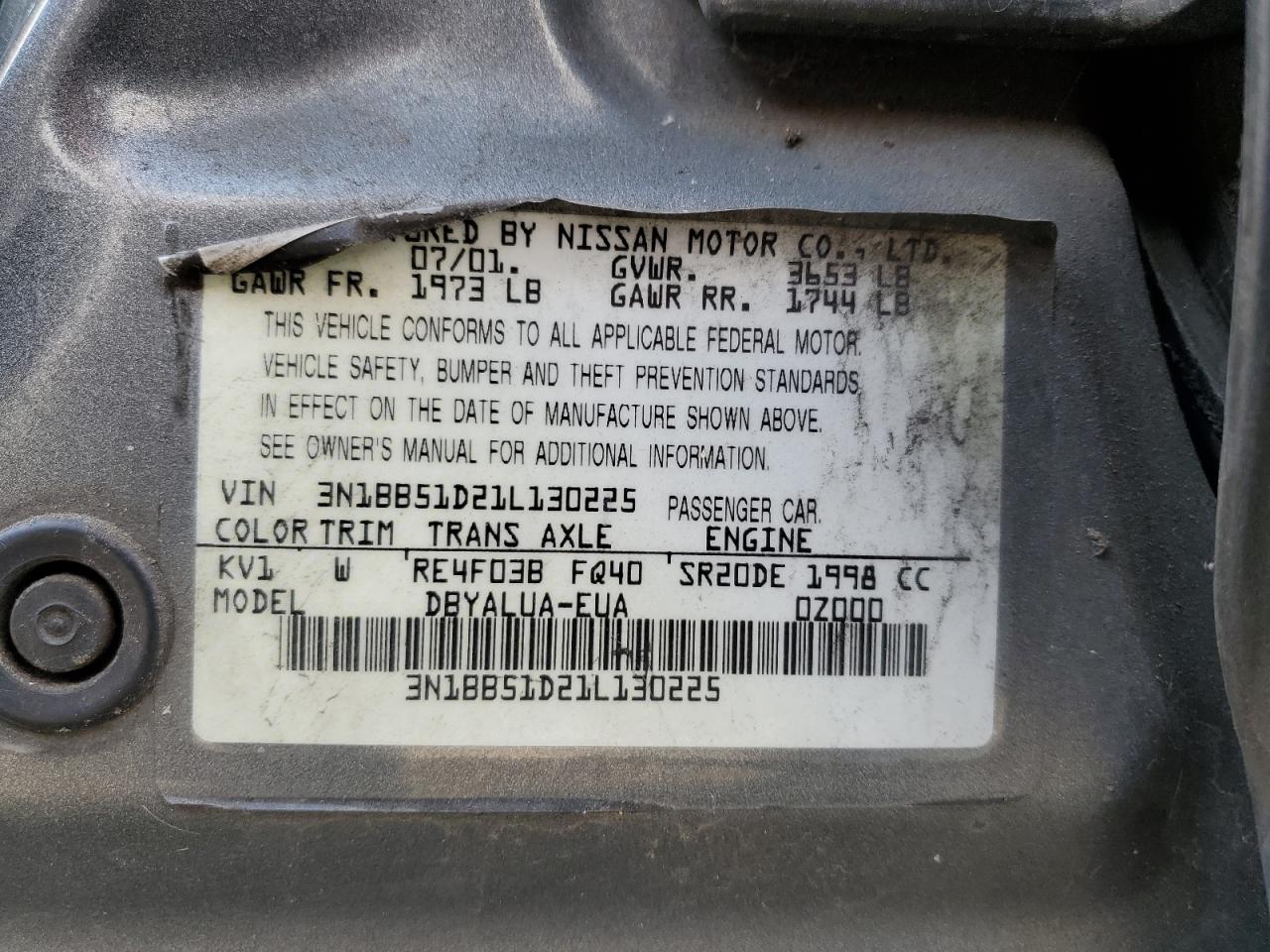 2001 Nissan Sentra Se VIN: 3N1BB51D21L130225 Lot: 69363184