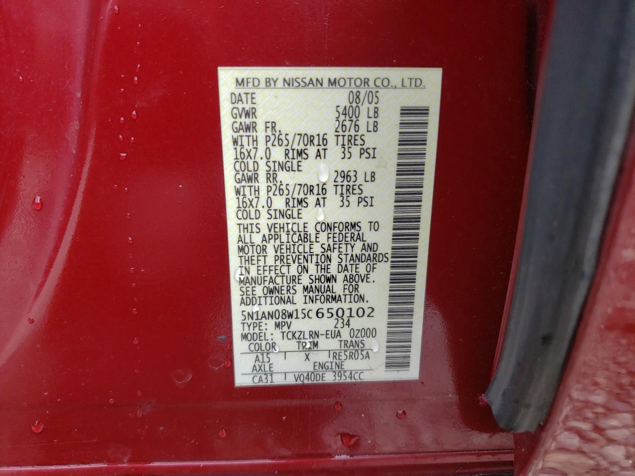 2005 Nissan Xterra Off Road VIN: 5N1AN08W15C650102 Lot: 67526404