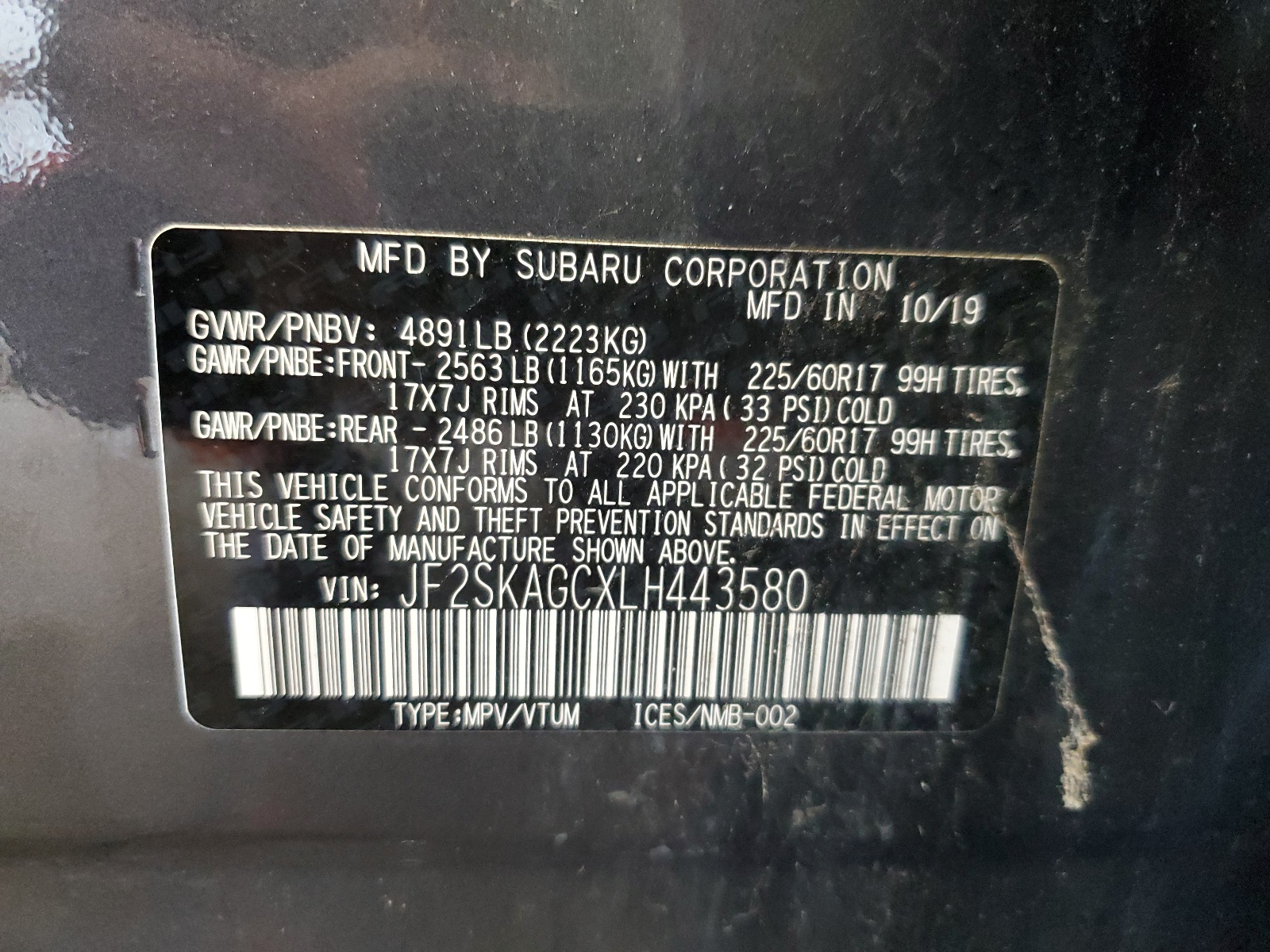 JF2SKAGCXLH443580 2020 Subaru Forester Premium