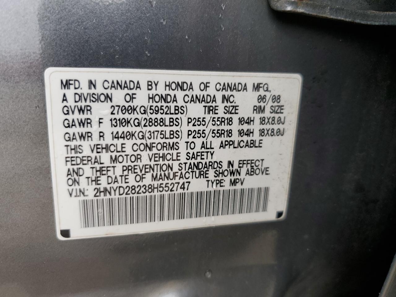 2008 Acura Mdx VIN: 2HNYD28238H552747 Lot: 66303344