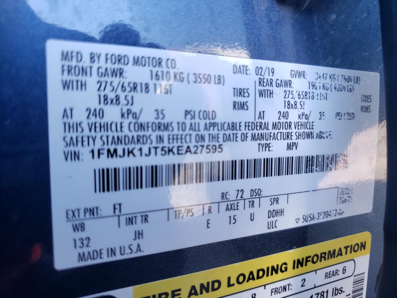 2019 Ford Expedition Max Xlt VIN: 1FMJK1JT5KEA27595 Lot: 67375194