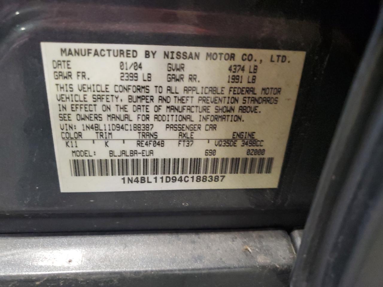 1N4BL11D94C188387 2004 Nissan Altima Se