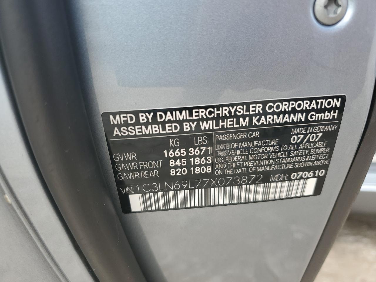 2007 Chrysler Crossfire Limited VIN: 1C3LN69L77X073872 Lot: 66471854