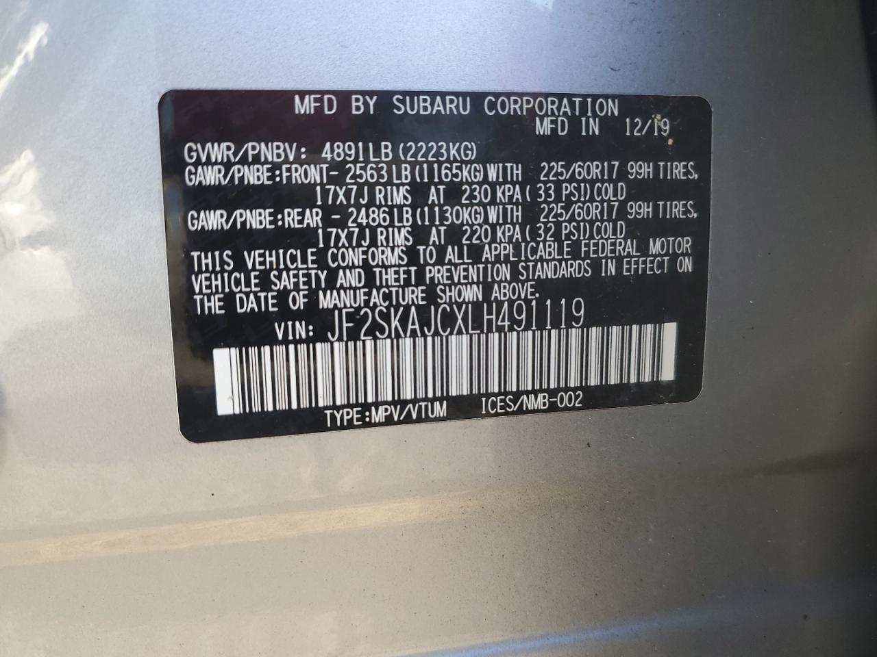 2020 Subaru Forester Premium VIN: JF2SKAJCXLH491119 Lot: 66900084