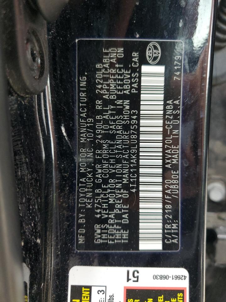 4T1C11AK9LU875943 2020 Toyota Camry Le