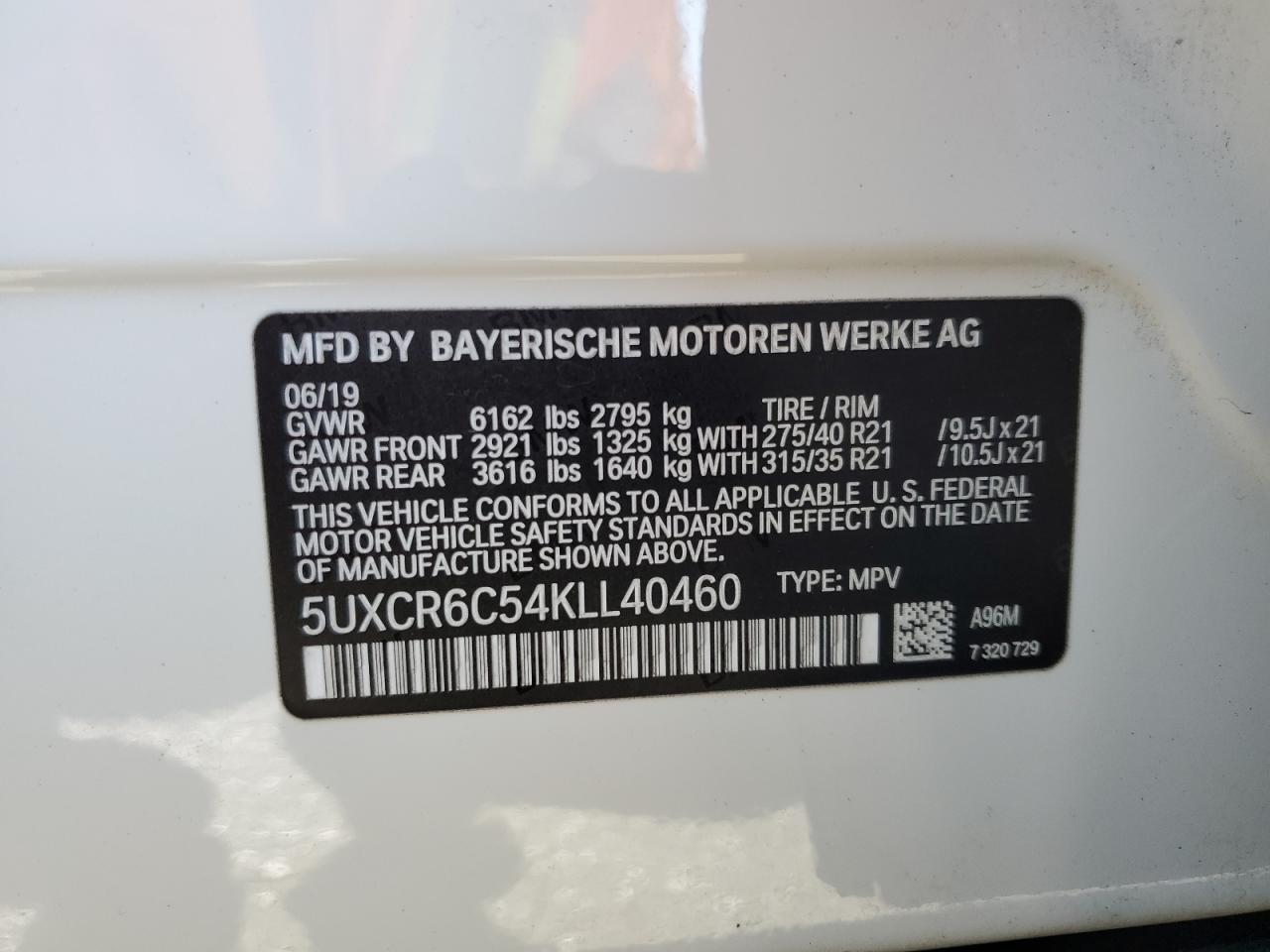 2019 BMW X5 xDrive40I VIN: 5UXCR6C54KLL40460 Lot: 66599044