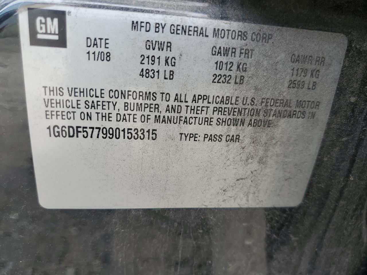 2009 Cadillac Cts VIN: 1G6DF577990153315 Lot: 65346534