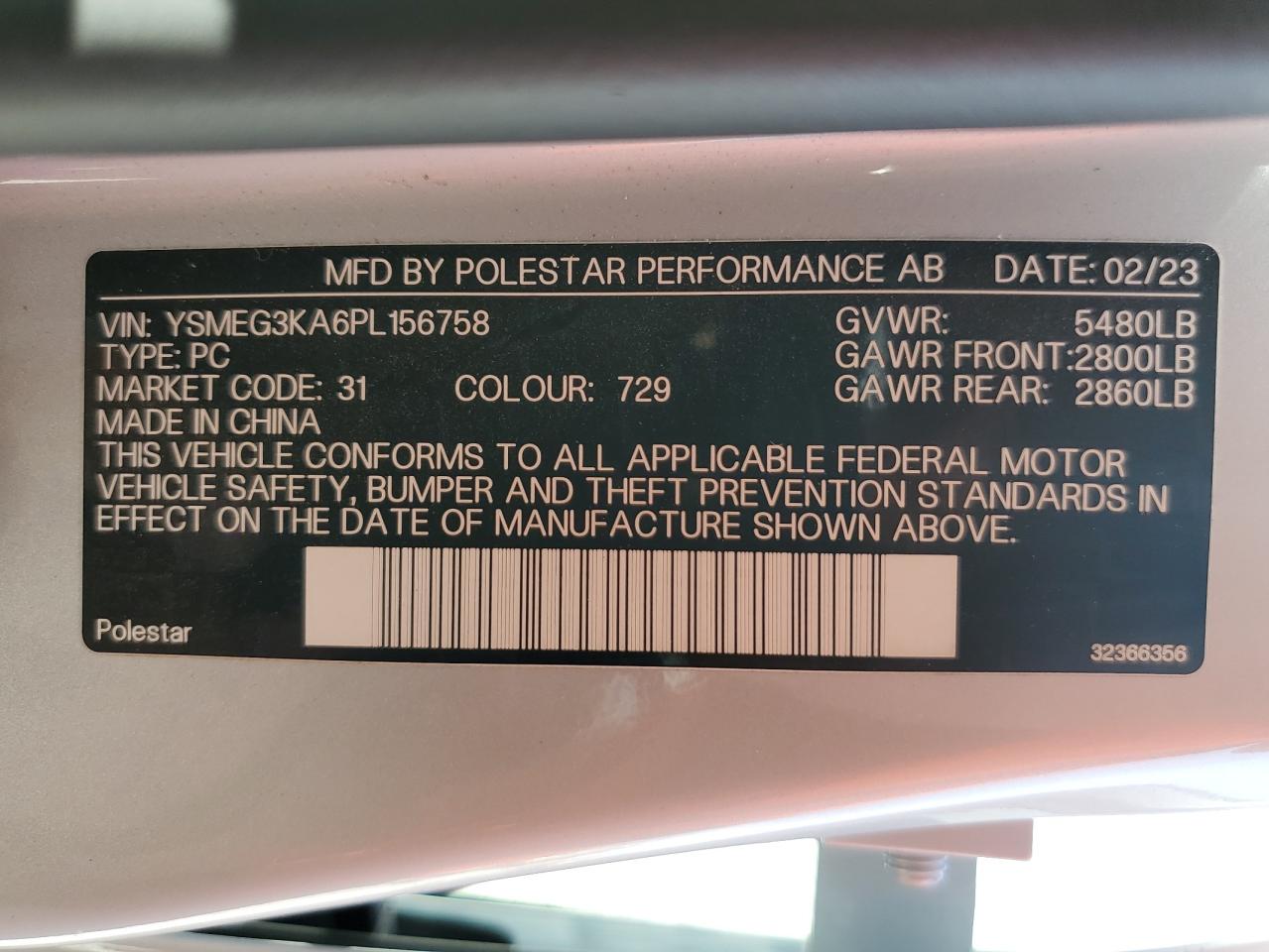 2023 Polestar 2 VIN: YSMEG3KA6PL156758 Lot: 66433854