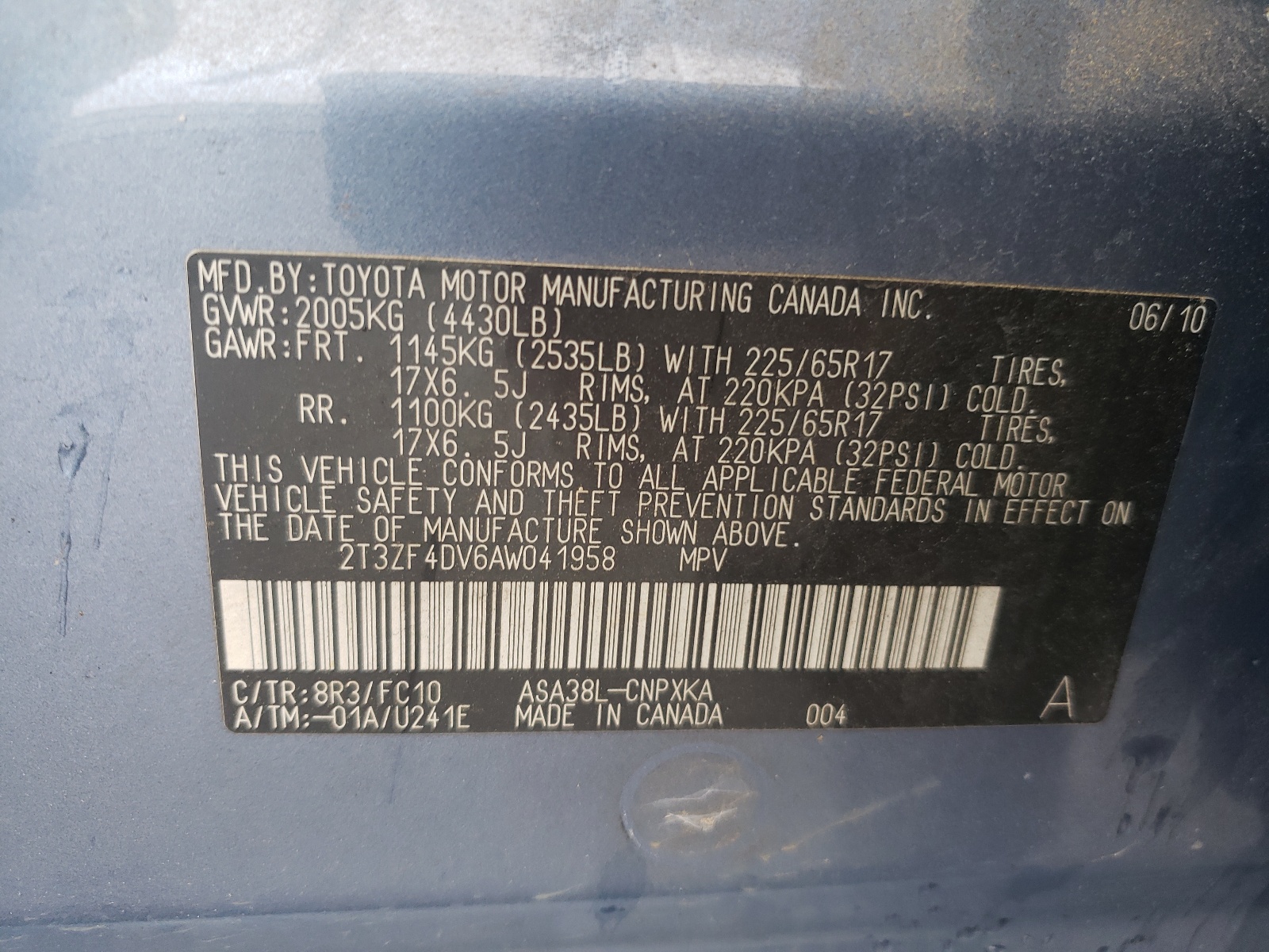 2T3ZF4DV6AW041958 2010 Toyota Rav4