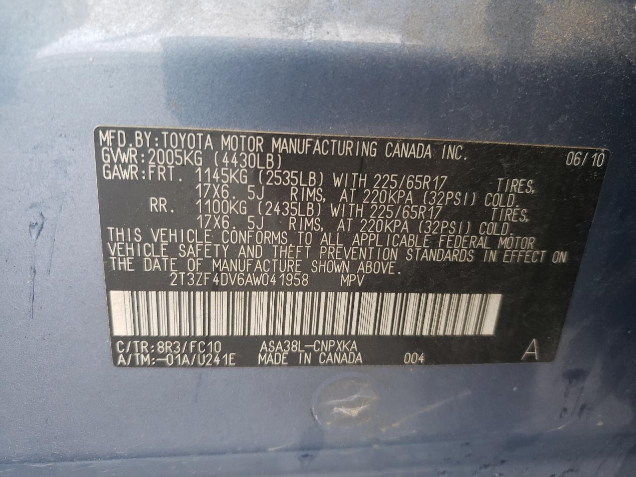 2010 Toyota Rav4 VIN: 2T3ZF4DV6AW041958 Lot: 67236364