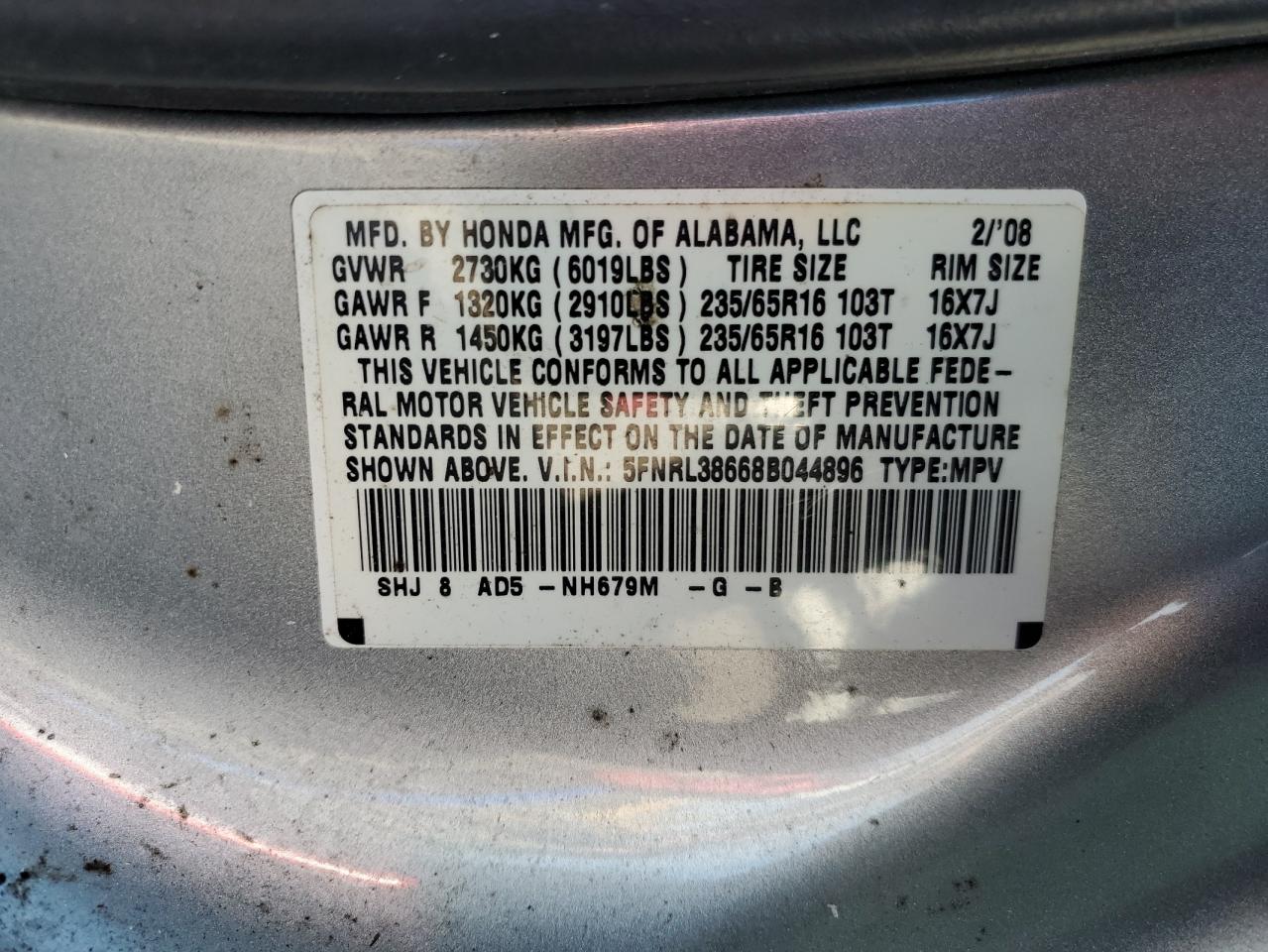 5FNRL38668B044896 2008 Honda Odyssey Exl