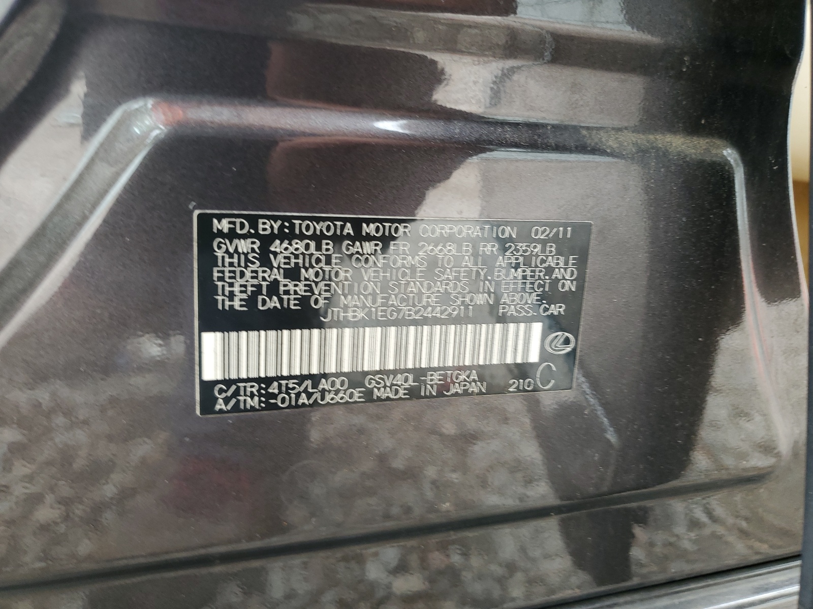 JTHBK1EG7B2442911 2011 Lexus Es 350