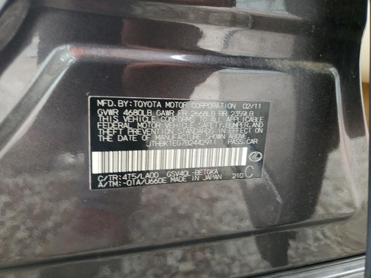 2011 Lexus Es 350 VIN: JTHBK1EG7B2442911 Lot: 63879934