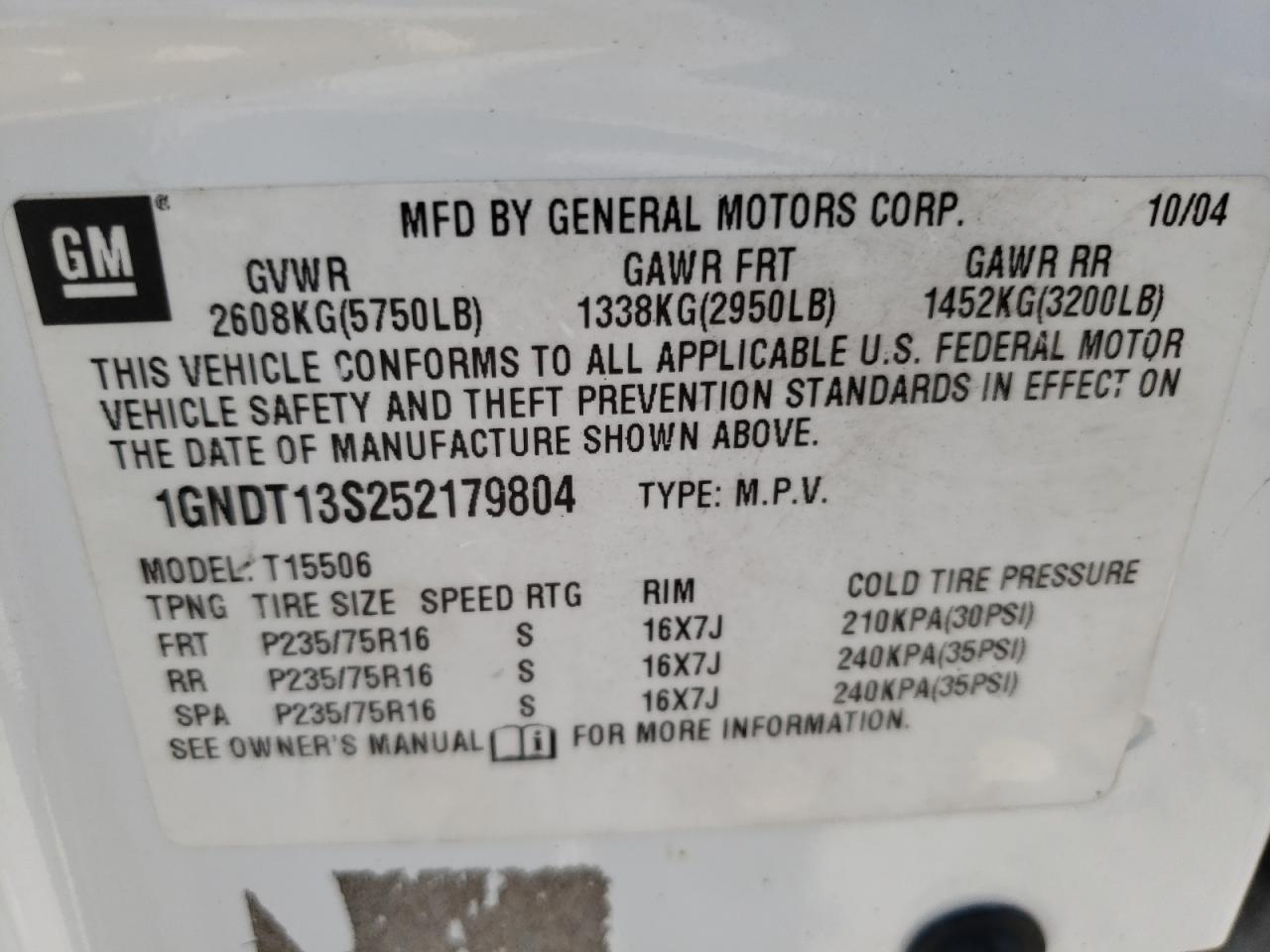 2005 Chevrolet Trailblazer Ls VIN: 1GNDT13S252179804 Lot: 65396014