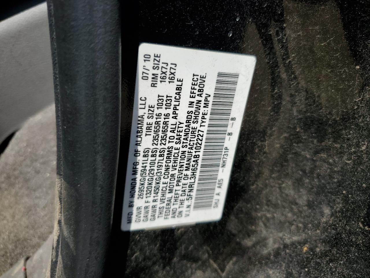 2010 Honda Odyssey Exl VIN: 5FNRL3H65AB102227 Lot: 64939004