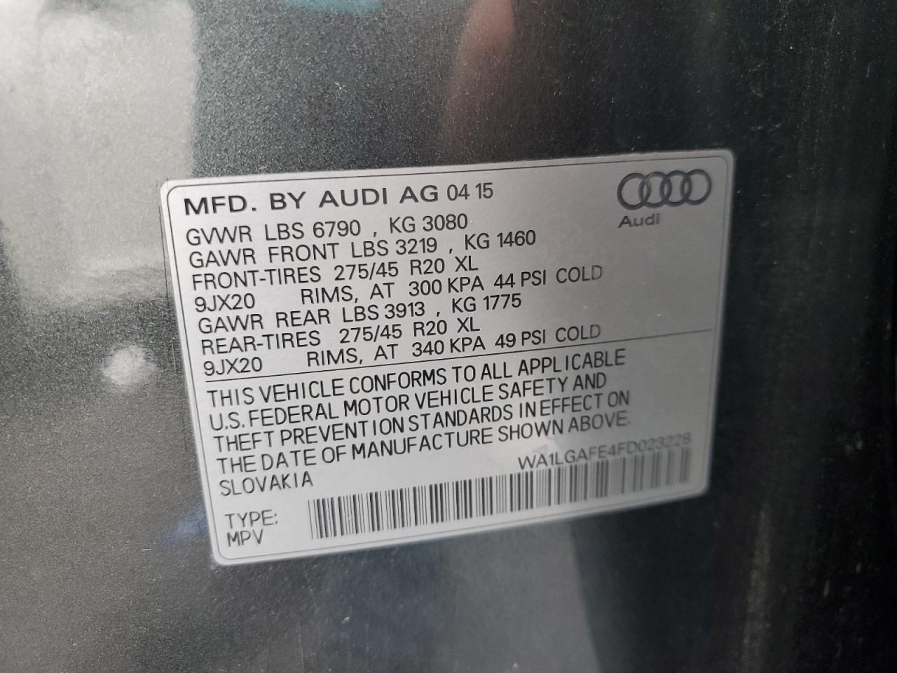 2015 Audi Q7 Premium Plus VIN: WA1LGAFE4FD023228 Lot: 67103784